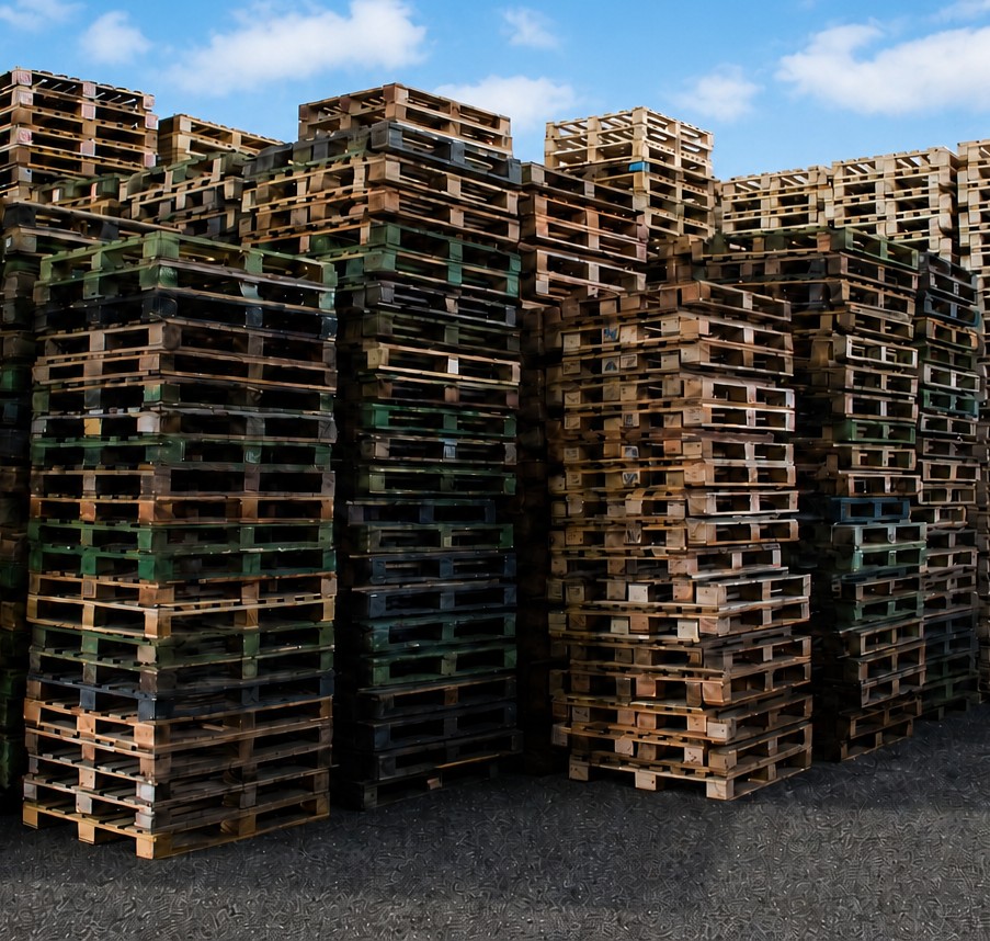Pallets reciclados y estándar apilados